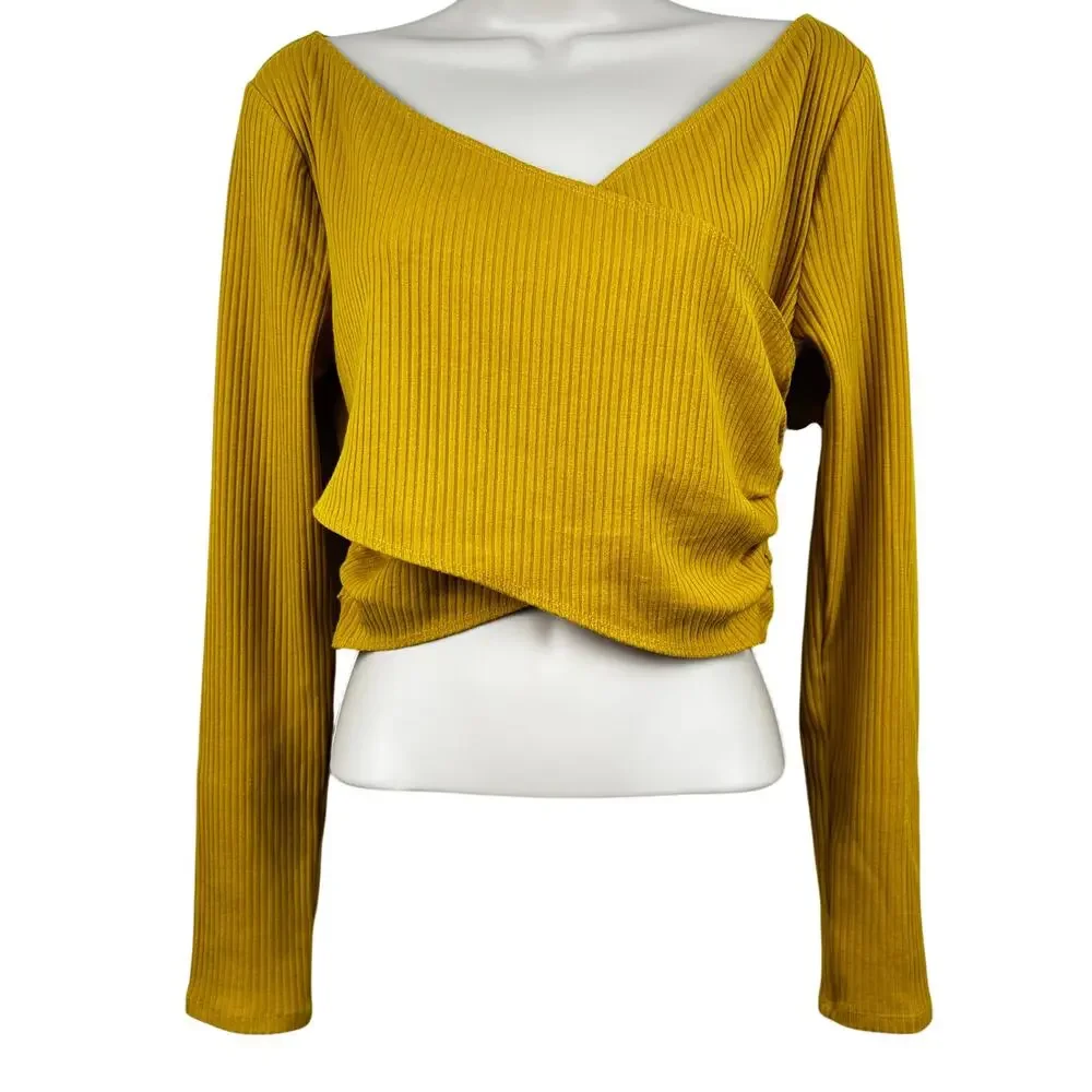 NEW Lovers + Friends Everly Top Ribbed Knit Crop Double V-Neck Mustard Yellow Lg